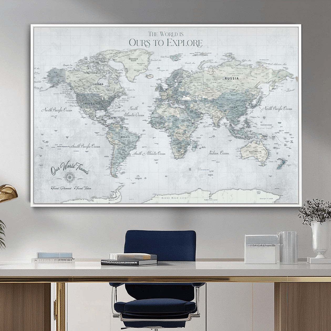 73654056-MGV-FC-36X24 - Personalized Push Pin World Map Canvas Print – Custom Framed Travel Tracker Artwork for Couples or Home Decor