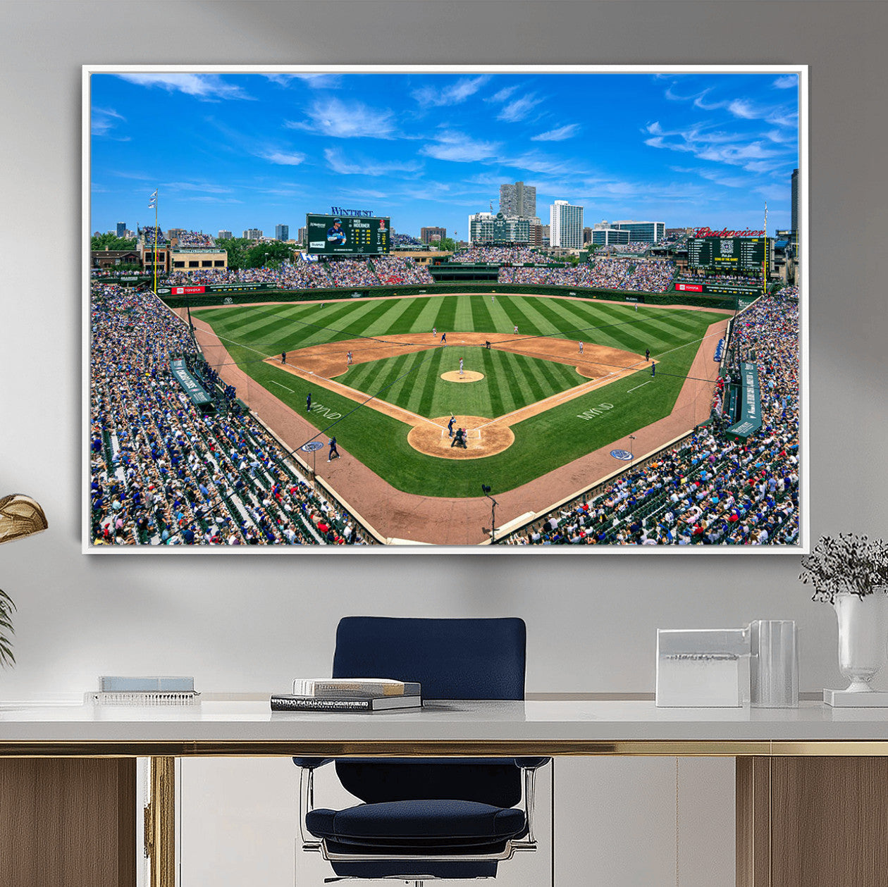 35800083-MGV-FC-36X24 - Wrigley Field Baseball Stadium Canvas Wall Art – Packed Crowd Sports Stadium City Skyline Artwork for Home Office