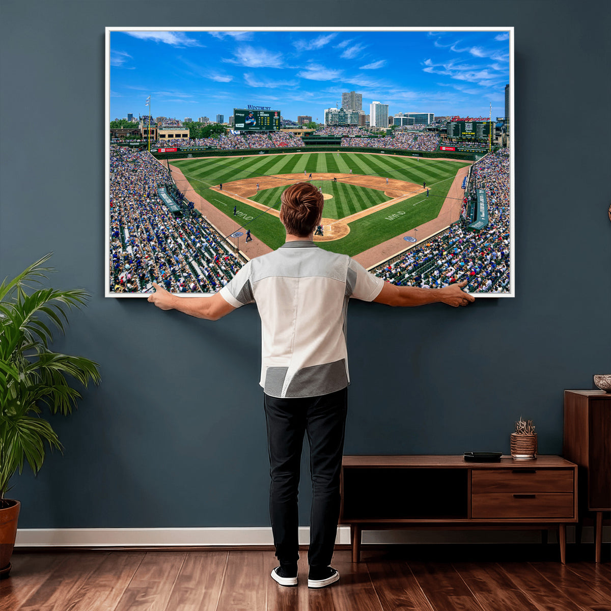 35800083-MGV-CV-36X24 - Wrigley Field Baseball Stadium Canvas Wall Art, Packed Crowd and Chicago Skyline