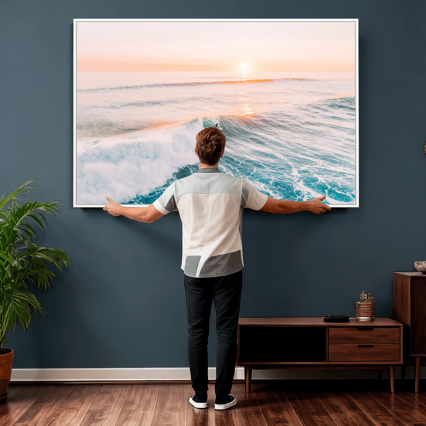 34064591-MGV-CV-36X24 - Sunset Surfing Wall Art Canvas Print, Ocean Wave Surfer with Golden Sky Artwork for Home, Office, Living Room