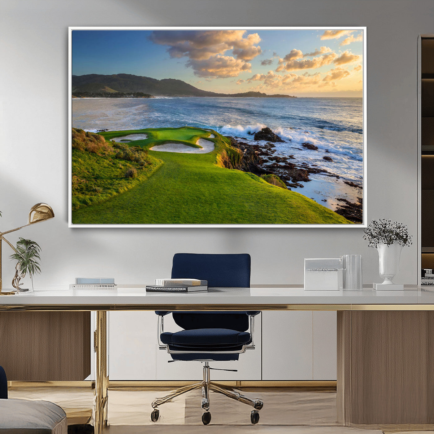 MGV-FC-36X24 - Stunning Coastal Golf Course at Sunset with Rolling Green Fairways and Ocean Waves – Perfect Wall