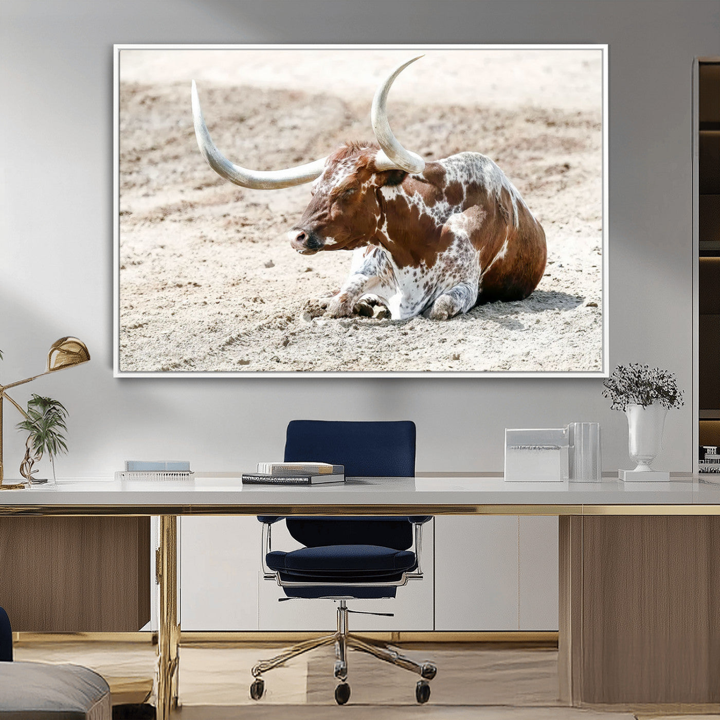 MGV-FC-36X24 - Majestic Longhorn Resting on Sunlit Desert Ground – Striking Western-Themed Wall Art Canvas Print