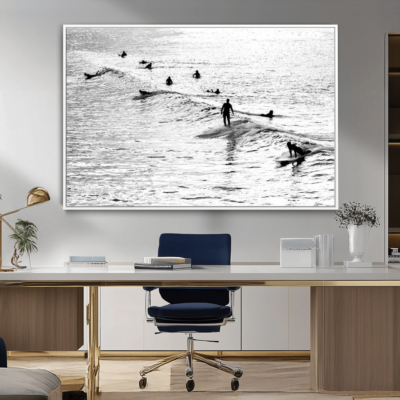 MGV-FC-36X24 - Black and White Surfers Riding Gentle Ocean Waves – Minimalist Coastal Photography Wall Art Canvas