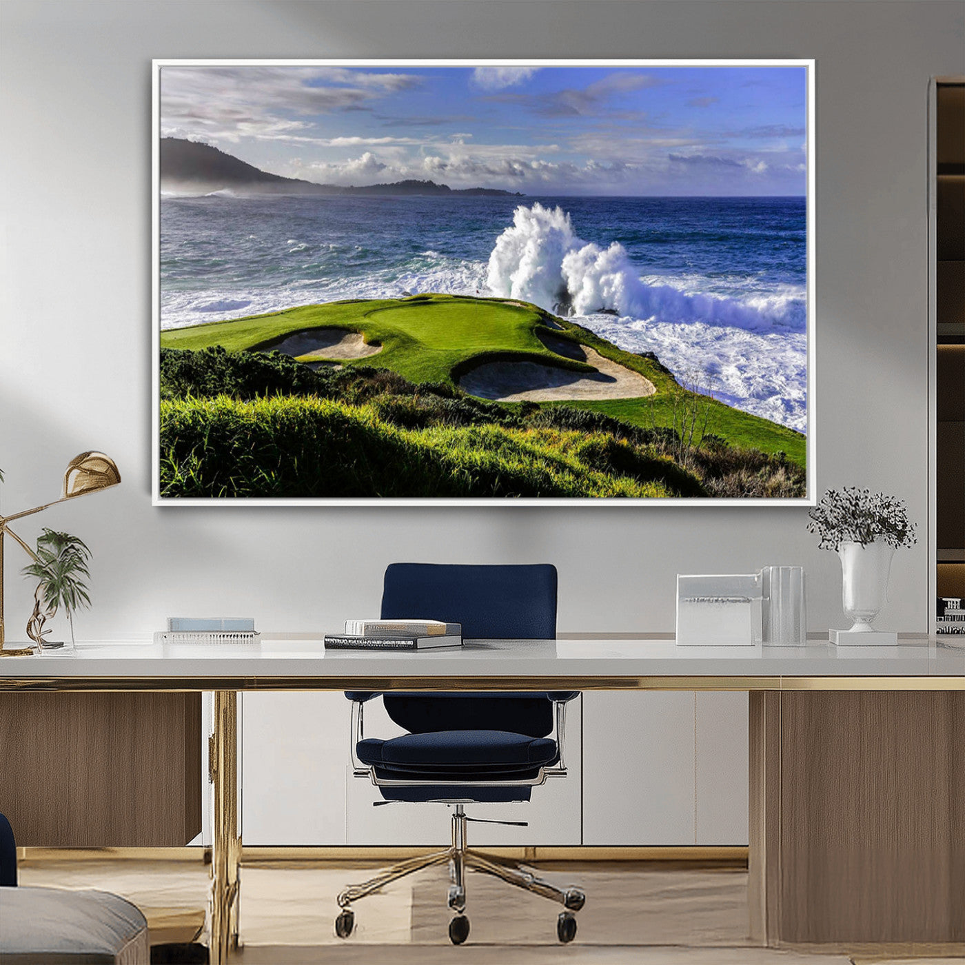 -Dramatic Ocean Waves Crashing Against Rocky Coastline Near a Green Golf Course – Stunning Wall Art