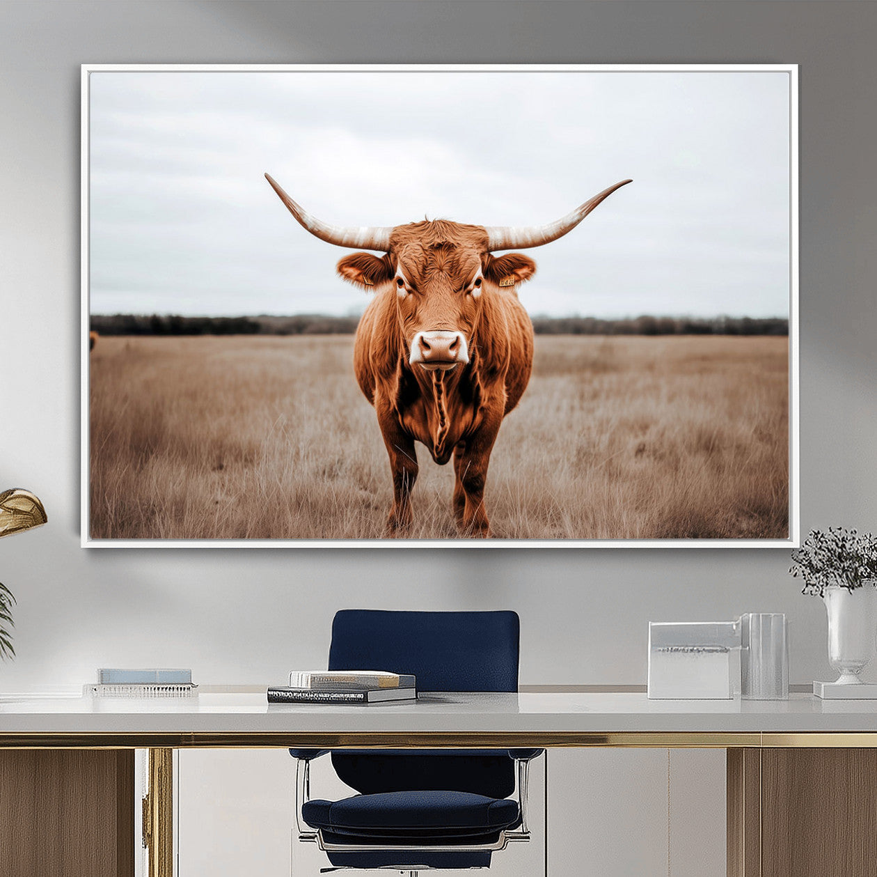 16316734-MGV-FC-36X24 - Longhorn bull, open field, rustic charm, natural beauty, Wall Art Canvas Print, countryside,