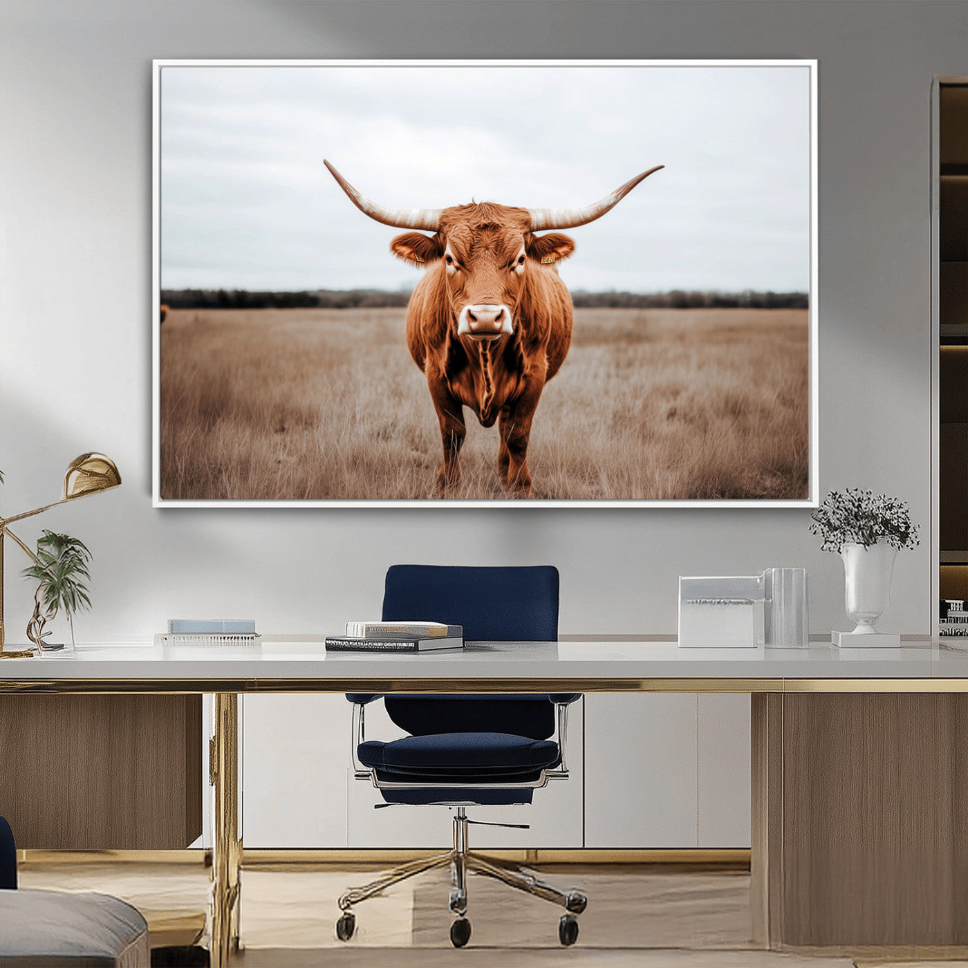 MGV-FC-36X24 - Longhorn bull, open field, rustic charm, natural beauty, Wall Art Canvas Print, countryside,