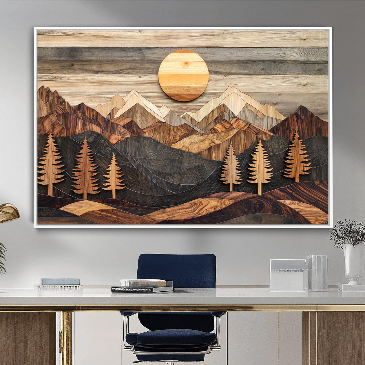19832326-MGV-FC-36X24 - Wooden Mountain Landscape Layered Texture Geometric Shapes Sun Pine Trees Rustic Natural Tones Art