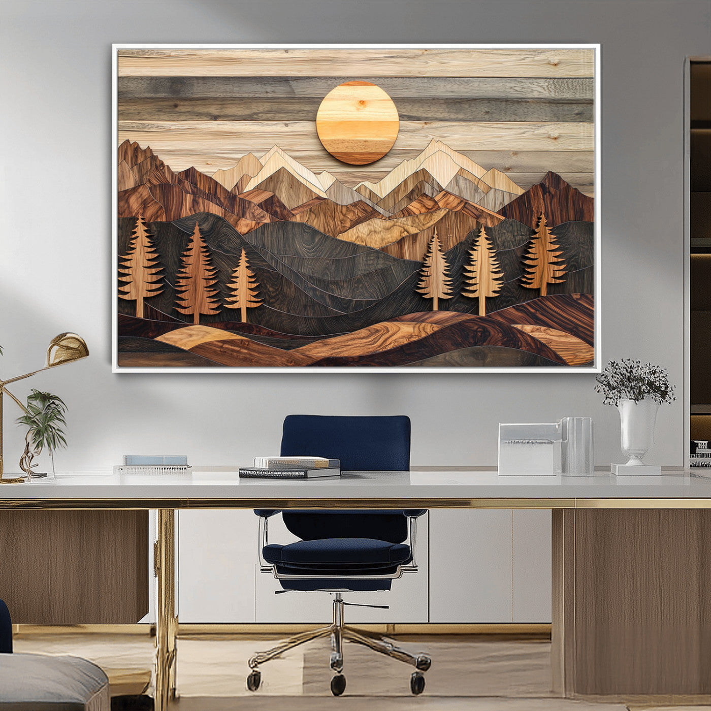 MGV-FC-36X24 - Wooden Mountain Layers Canvas Wall Art – Rustic Pine Tree Landscape with Sunlight Artistic Nature