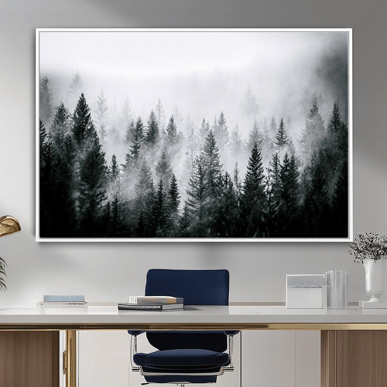 87750525-MGV-CV-36X24-Foggy Pine Forest Wall Art – Black White Nature Landscape Canvas Artwork, Misty Trees Design, Modern Decor for Home, Office