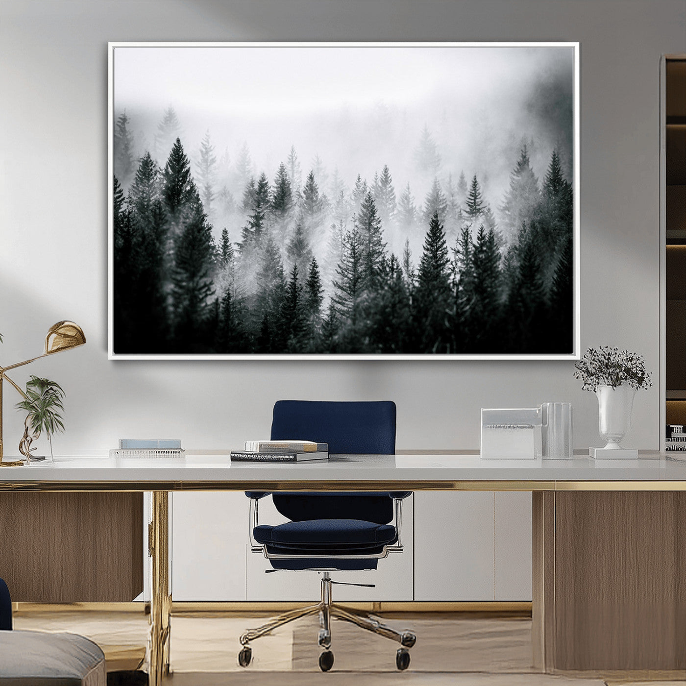 MGV-FC-36X24 - Foggy Pine Forest Canvas Wall Art, Horizontal Black and White Nature Landscape Print for Modern,
