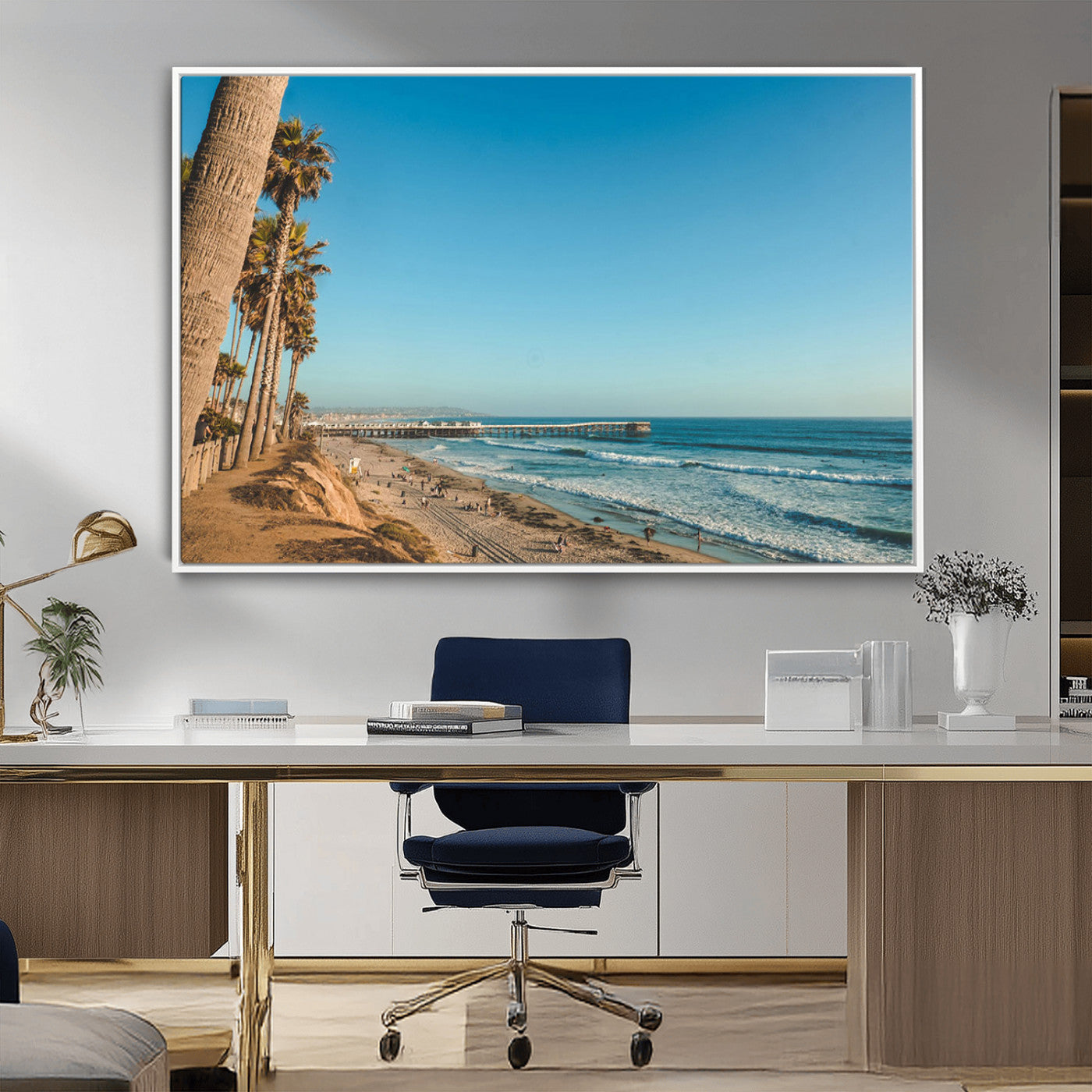 MGV-FC-36X24 - Scenic Beach with Tall Palm Trees, Sandy Shore, and Long Pier Stretching into the Calm Ocean Under