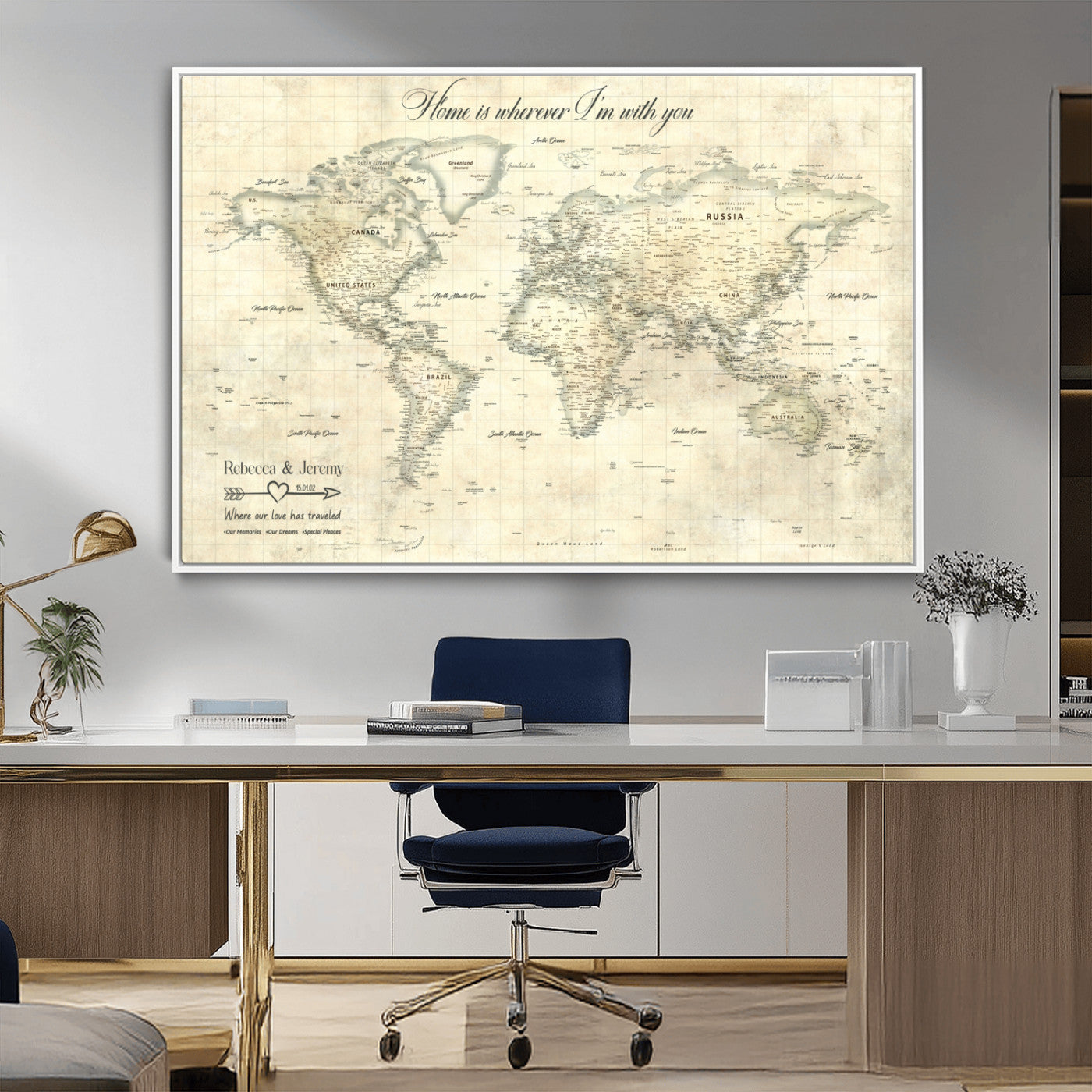 MGV-FC-36X24 - Personalized World Map Wall Art Canvas Print – Custom Push Pin Travel Map for Couples, Families, or Office Décor