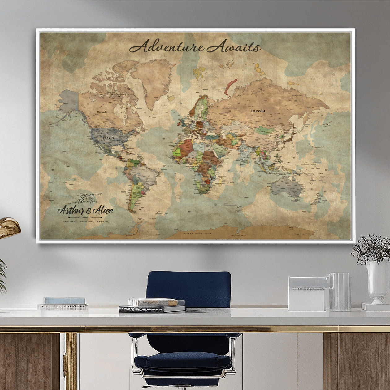 MGV-FC-36X24 - Personalized World Map Wall Art Canvas Print – Custom Push Pin Travel Map for Couples, Families, or Office Décor