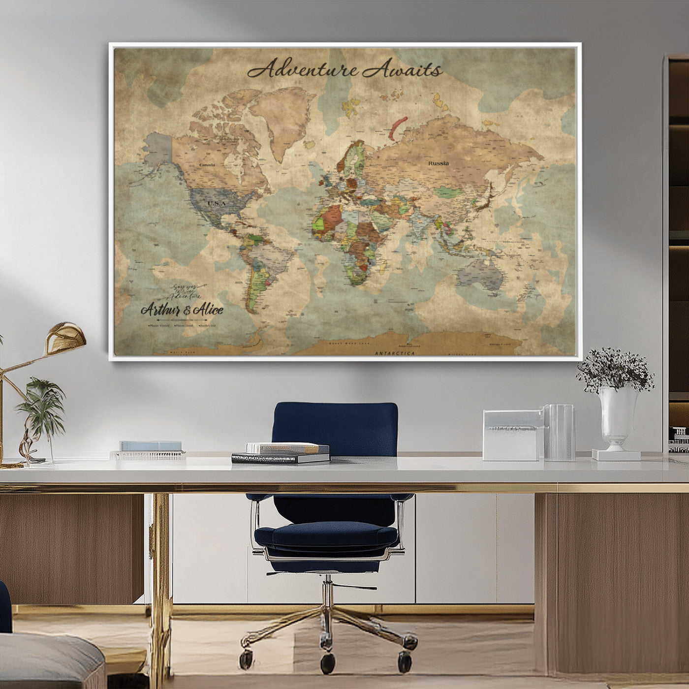 MGV-FC-36X24 - Personalized World Map Wall Art Canvas Print – Custom Push Pin Travel Map for Couples, Families, or Office Décor