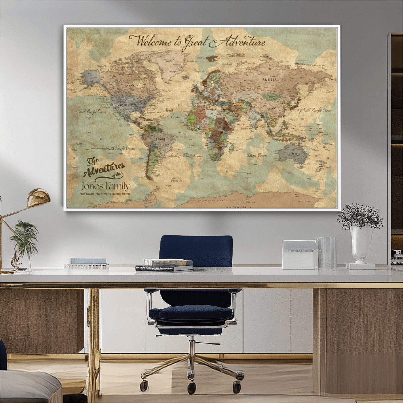 MGV-FC-36X24 - Personalized World Map Wall Art Canvas Print – Custom Push Pin Travel Map for Couples, Families, or Office Décor