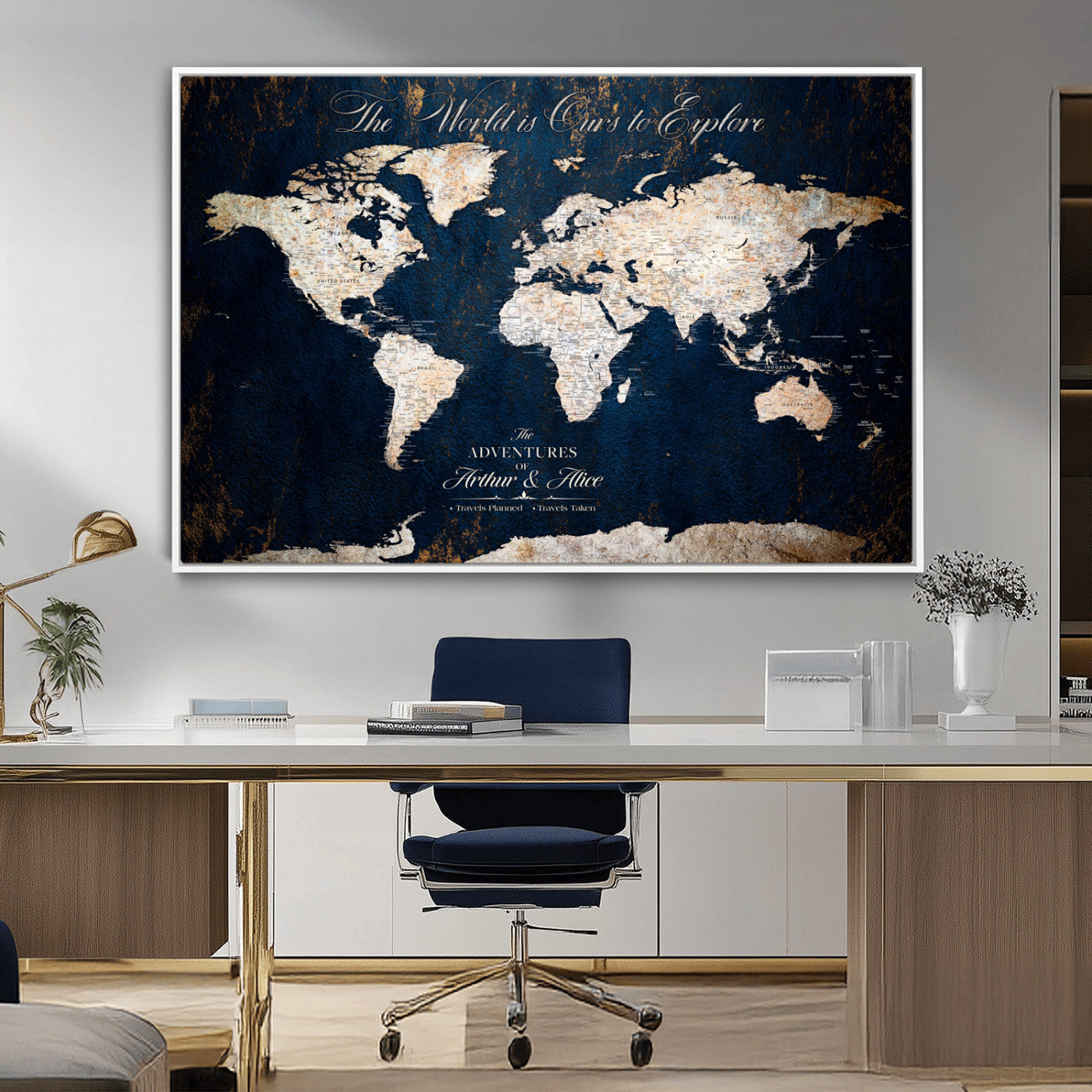 MGV-FC-36X24 - Personalized World Map Wall Art Canvas Print – Custom Push Pin Travel Map for Couples, Families, or Office Décor
