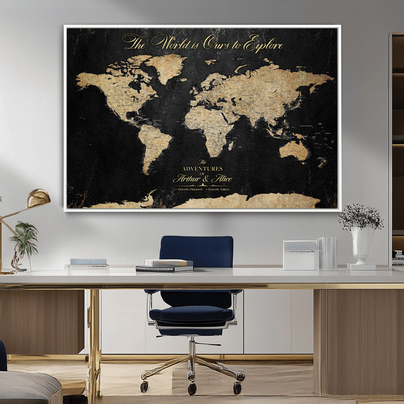 MGV-FC-36X24 - Personalized World Map Wall Art Canvas Print – Custom Push Pin Travel Map for Couples, Families, or Office Décor