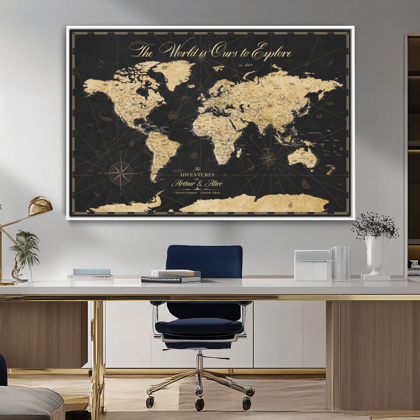 MGV-FC-36X24 - Personalized World Map Wall Art Canvas Print – Custom Push Pin Travel Map for Couples, Families, or Office Décor