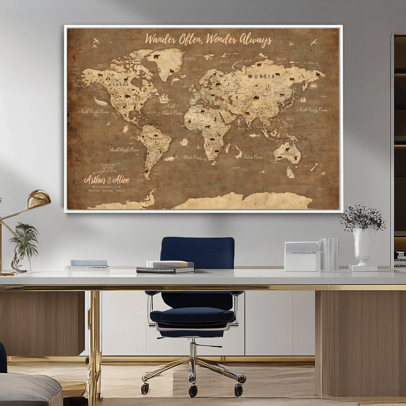 MGV-FC-36X24 - Personalized World Map Wall Art Canvas Print – Custom Push Pin Travel Map for Couples, Families, or Office Décor