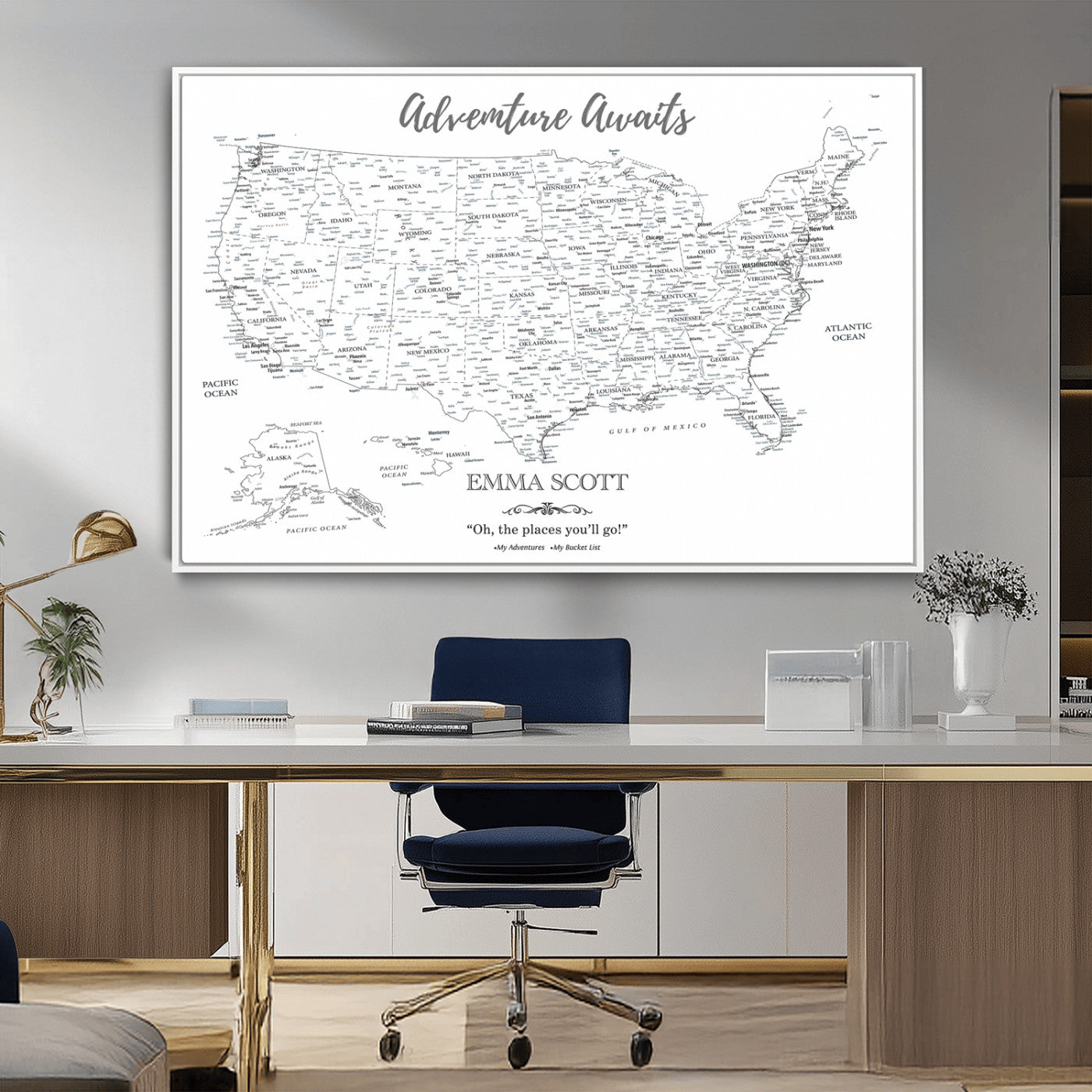 MGV-FC-36X24 - Personalized US Map Wall Art Canvas Print – Custom Push Pin Travel United States US Map for Couples, Families, or Office Décor