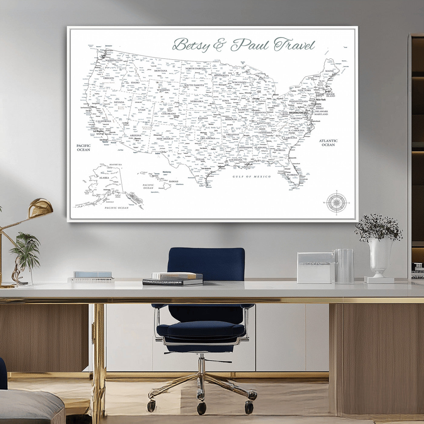 MGV-FC-36X24 - Personalized USA Map Wall Art Canvas Print – Custom Push Pin Travel American Map for Couples, Families, or Office Décor