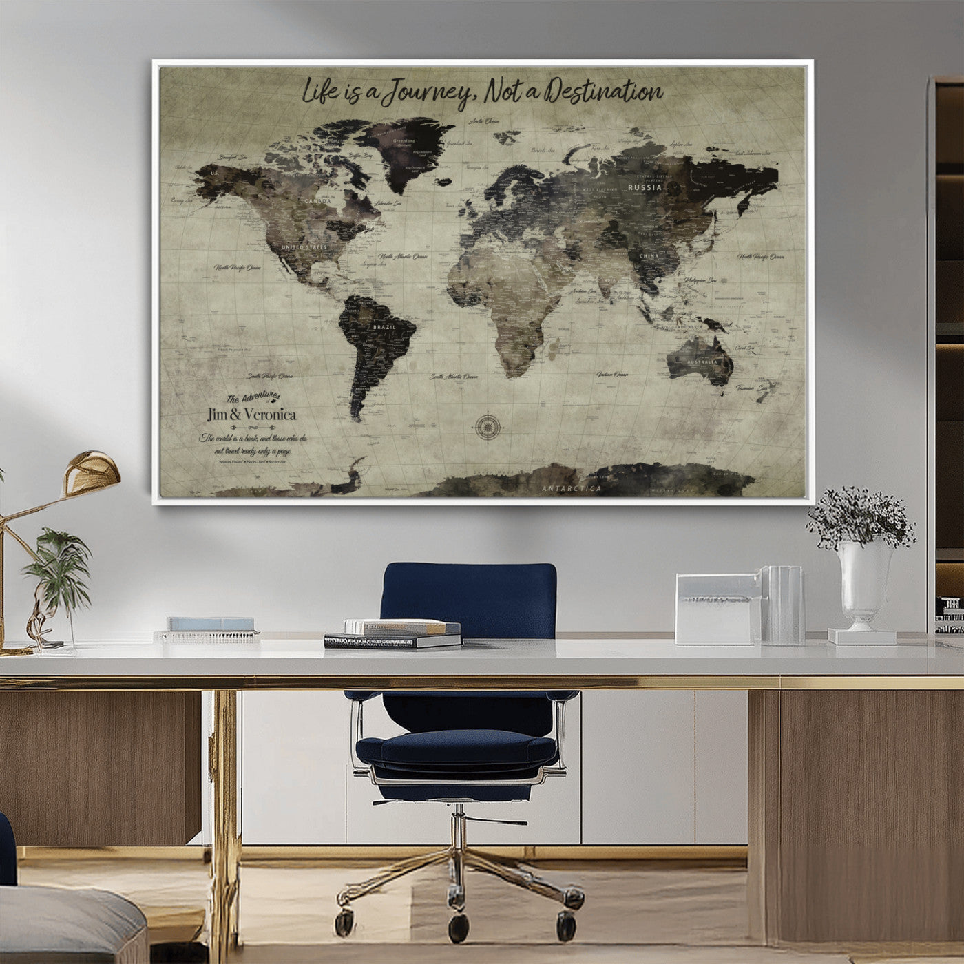 MGV-FC-36X24 - Personalized World Map Wall Art Canvas Print – Custom Push Pin Travel Map for Couples, Families, or Office Décor