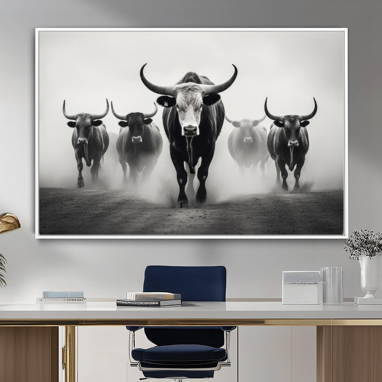 N34534C-MGV-FC-36X24 - Texas Bighorn Cow Hern Wall Art Canvas Print, Longhorn Cow Large Wall Art