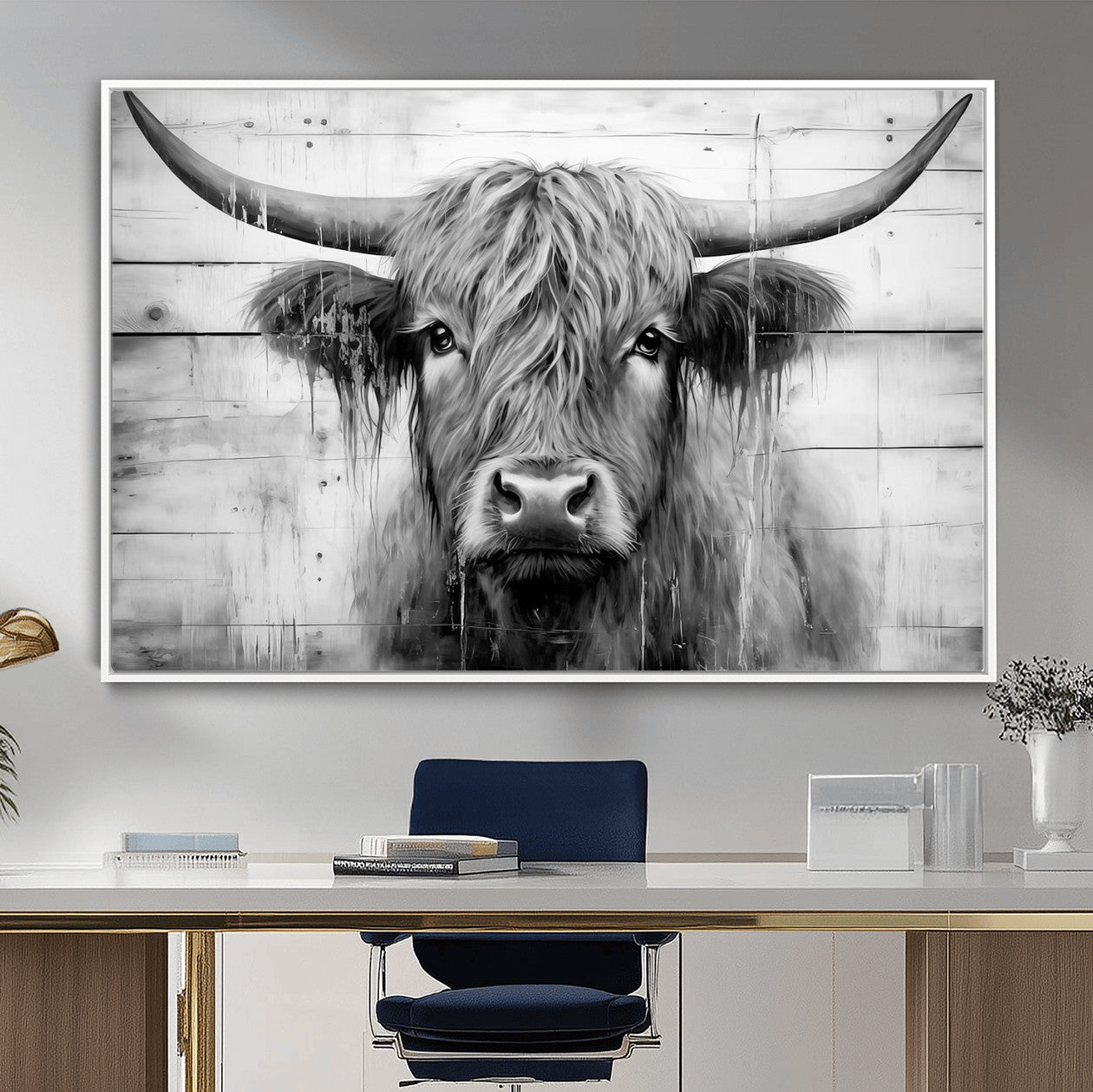 1001HASAN27-MGV-FC-36X24 - Black White Highland Cow Wall Art Canvas Print