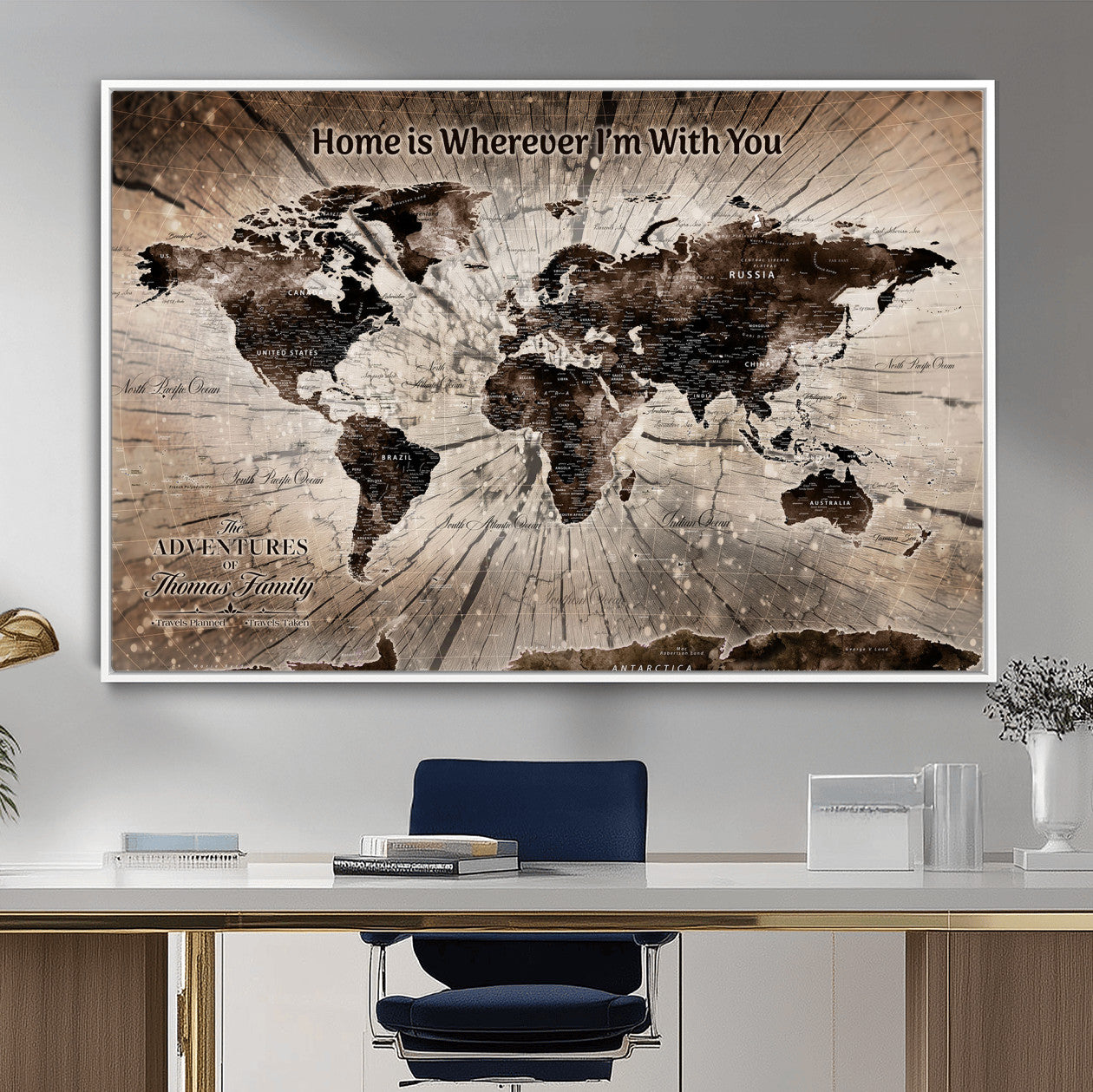 72371980-MGV-FC-36X24 - Personalized World Map Wall Art – Customizable Push Pin Framed Canvas Print Unique Travel Decor for Home, Office