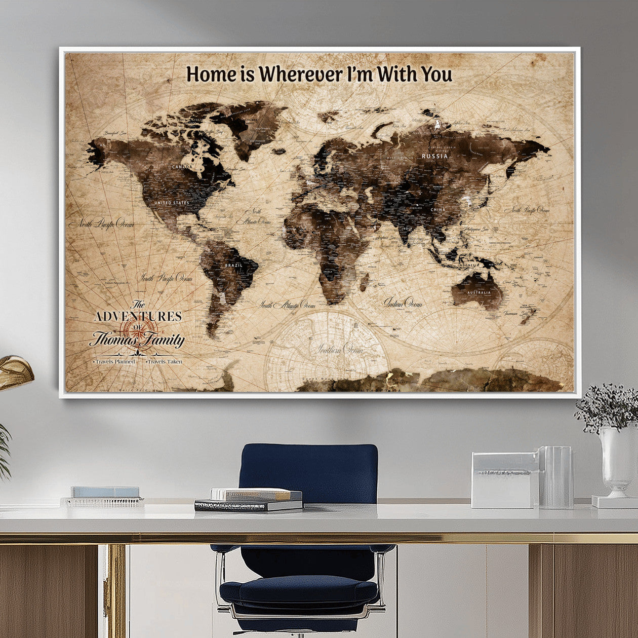 31398786-MGV-FC-36X24 - Personalized World Map Wall Art – Custom Framed Push Pin Travel Tracker Canvas Print Unique Gift for Home, Office
