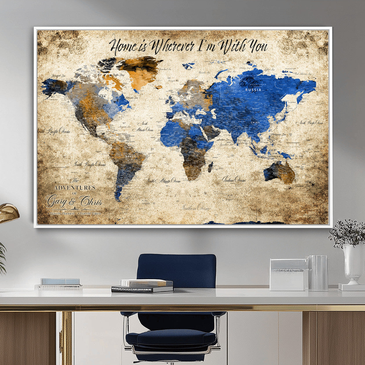 20854758-MGV-FC-36X24 - Personalized Push Pin World Map Canvas Print – Custom Framed Travel Tracker Artwork with Pins for Home and Office Decor