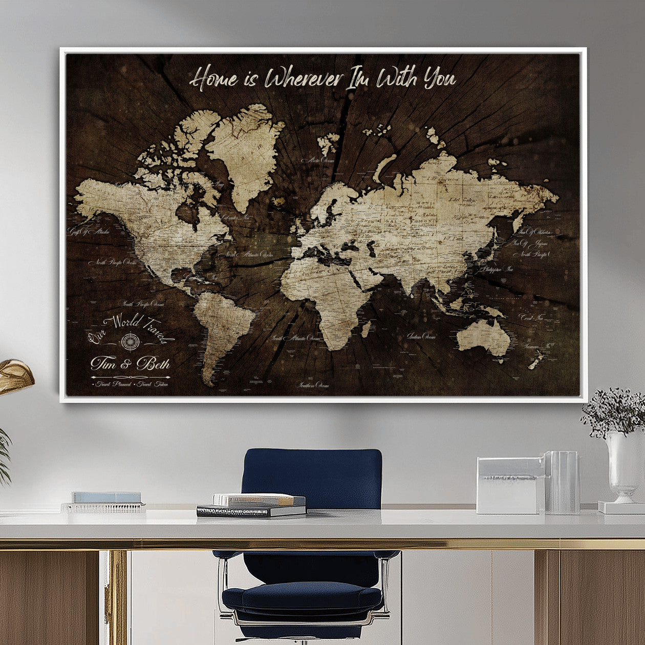 73781397-MGV-FC-36X24 - Personalized World Map Wall Art Canvas Print – Custom Push Pin Travel Map for Couples, Families, or Office Decor