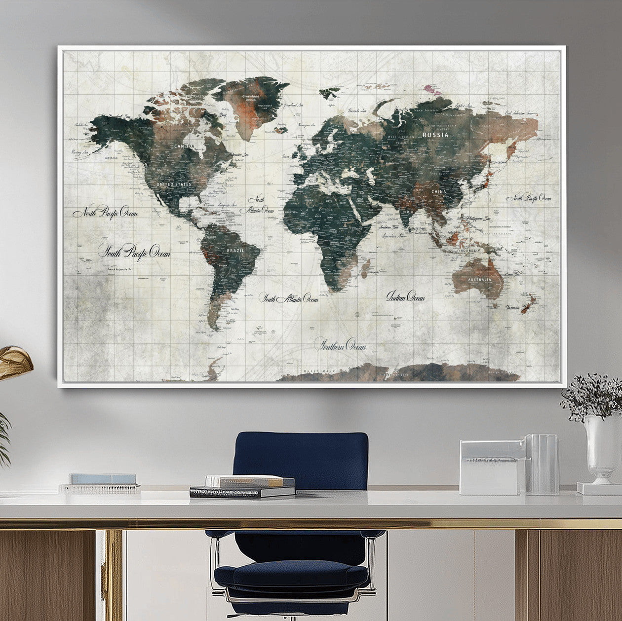 90149079-MGV-FC-36X24 - World Map Wall Art Canvas Print, Modern Decorative Framed Map Artwork Prints for Living Room, Office, Bedroom Wall Decor