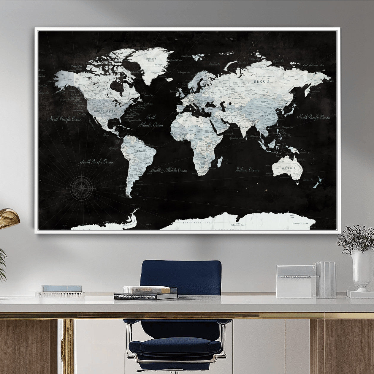 30759283-MGV-FC-36X24 - World Map Wall Art Canvas Print, Modern Decorative Framed Map Artwork Prints for Living Room, Office, Bedroom Wall Decor