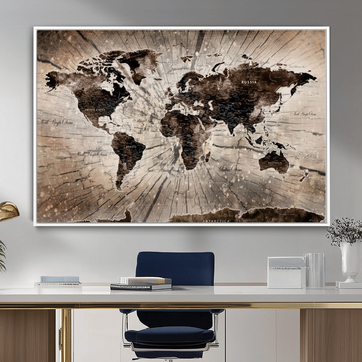35326624-MGV-FC-36X24 - World Map Wall Art Canvas Print, Modern Decorative Framed Map Artwork Prints for Living Room, Office, Bedroom Wall Decor