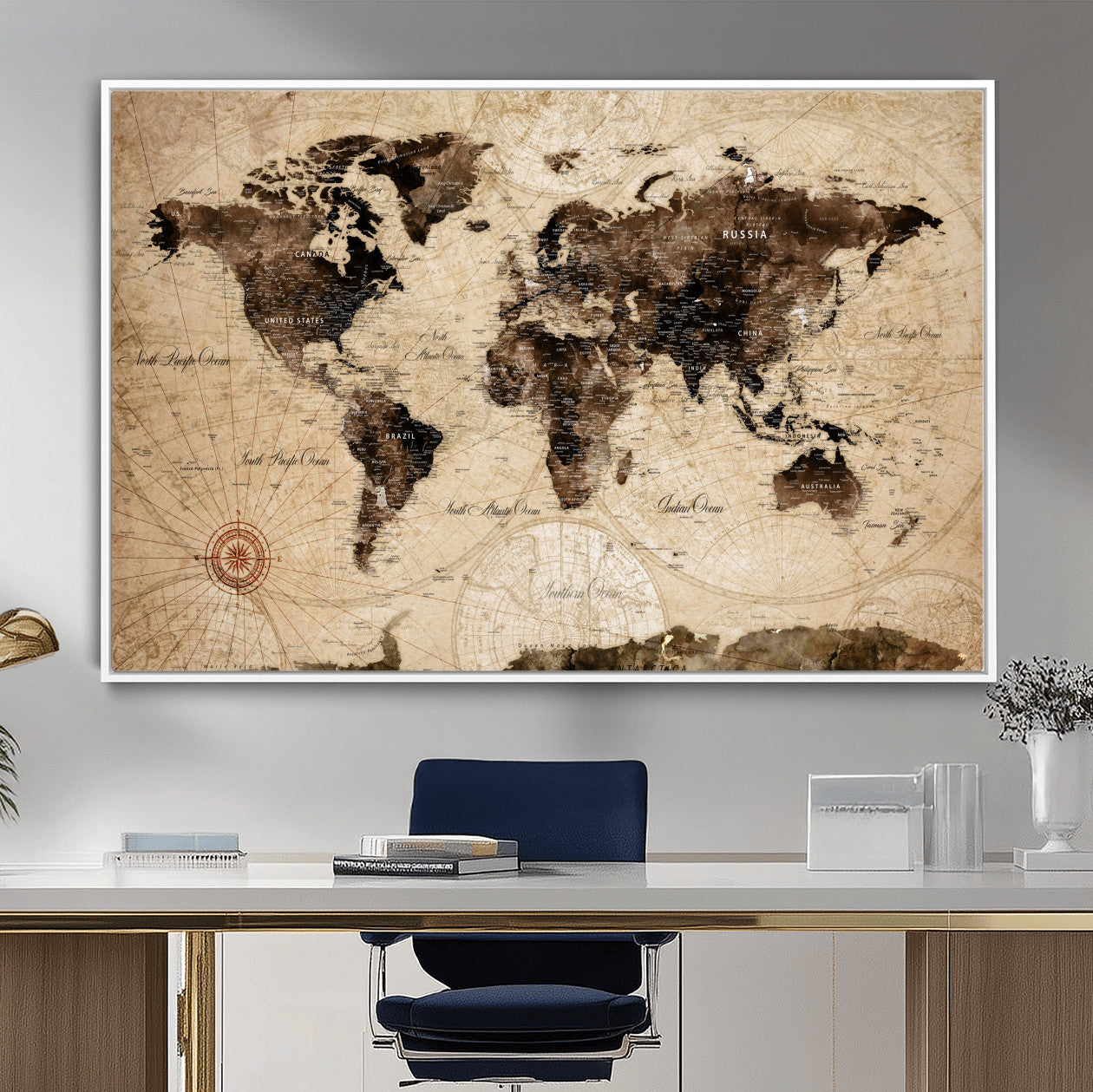 97114757-MGV-FC-36X24 - Vintage World Map Wall Art Canvas Print, Modern Decorative Framed Map Artwork Prints for Living Room, Office, Bedroom Wall Decor