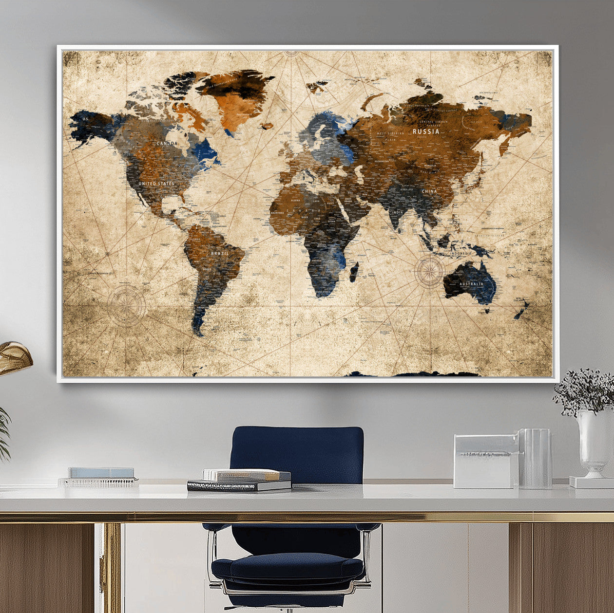 56297284-MGV-FC-36X24 - World Map Wall Art Canvas Print, Modern Decorative Framed Map Artwork Prints for Living Room, Office, Bedroom Wall Decor