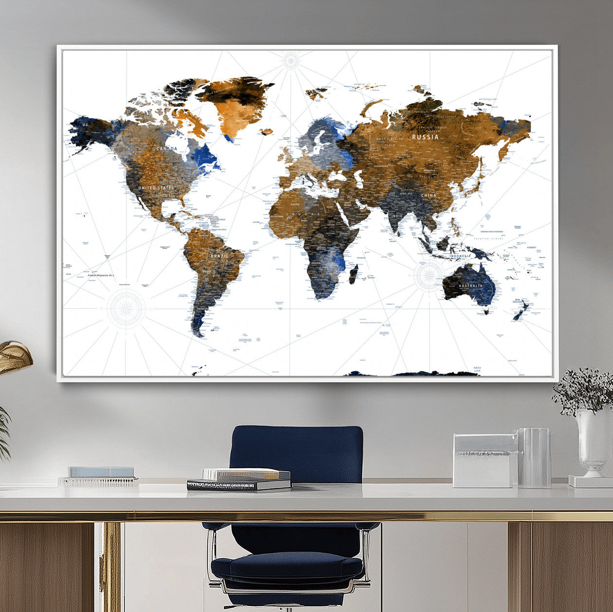40862517-MGV-FC-36X24 - World Map Wall Art Canvas Print, Modern Decorative Framed Map Artwork Prints for Living Room, Office, Bedroom Wall Decor
