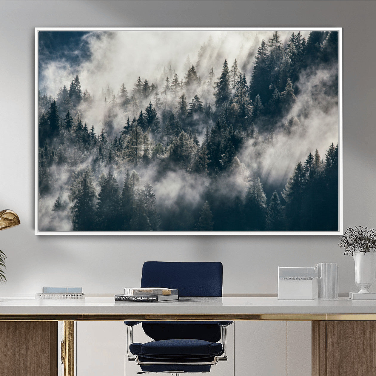 270372951-MGV-FC-36X24 - Misty Pine Forest Canvas Wall Art – Dark Forest Mountaing and Nature Landscape Print, Horizontal Canvas Print