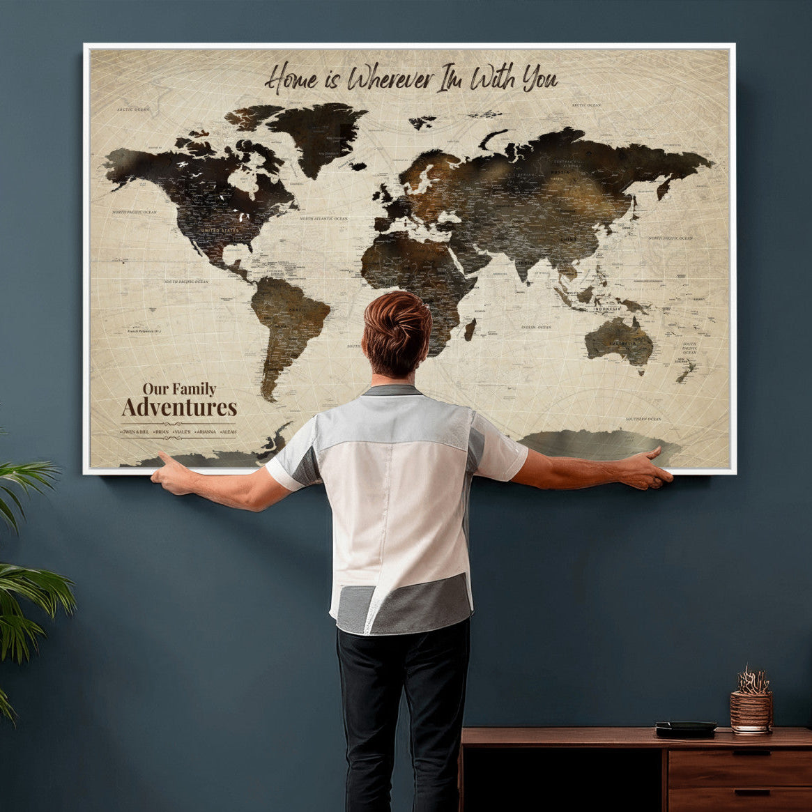 44658041-MGV-FC-36X24 - Customized Push Pin World Map Wall Art Canvas Print with Pins, Framed Personalize Travel Tracker Map, World Map for Living Room and Office Decor