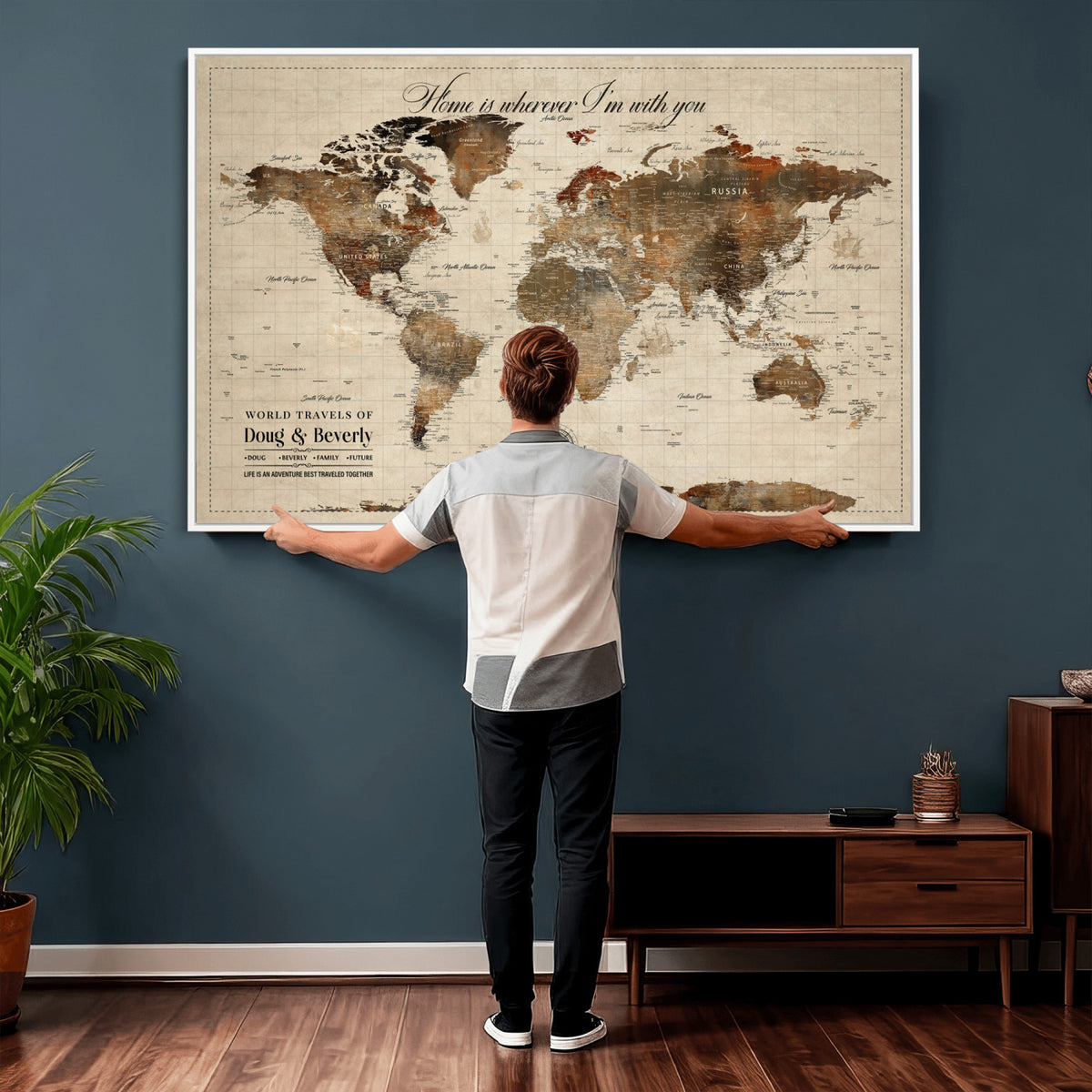 94399474-MGV-CV-36X24 - Large Custom Framed Beige Vintage World Travel Map Wall Art with Pins, Couples Countries Visited Map, Living Room and Hallway Decor