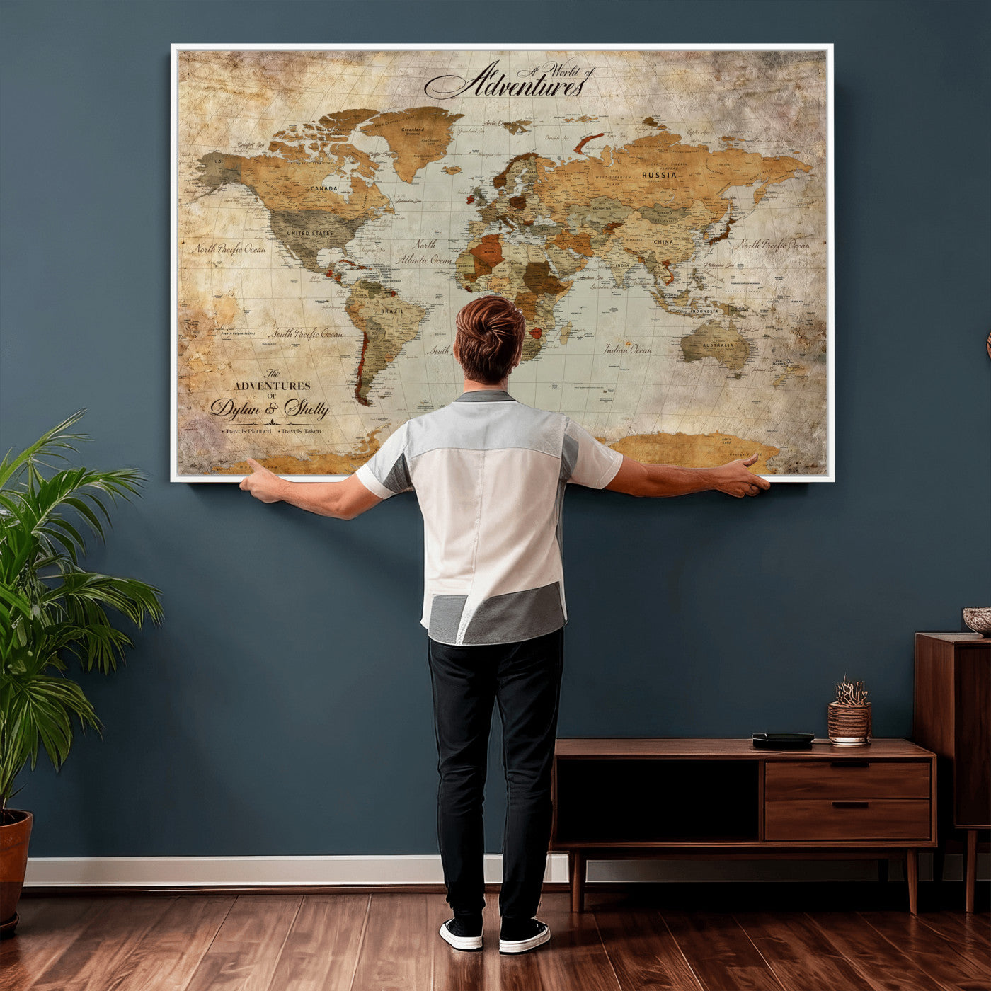 54461872-MGV-CV-36X24 - Custom Push Pin World Map Wall Art Canvas Print - Personalized Travel Tracker with Pins Framed Large for Home and Office Decor