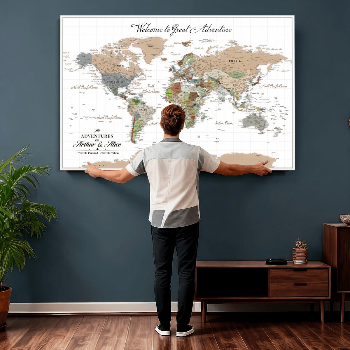 85396539-MGV-CV-36X24 - Custom Beige Push Pin World Map Wall Art, Bucket List Map, Study and Hallway Decor