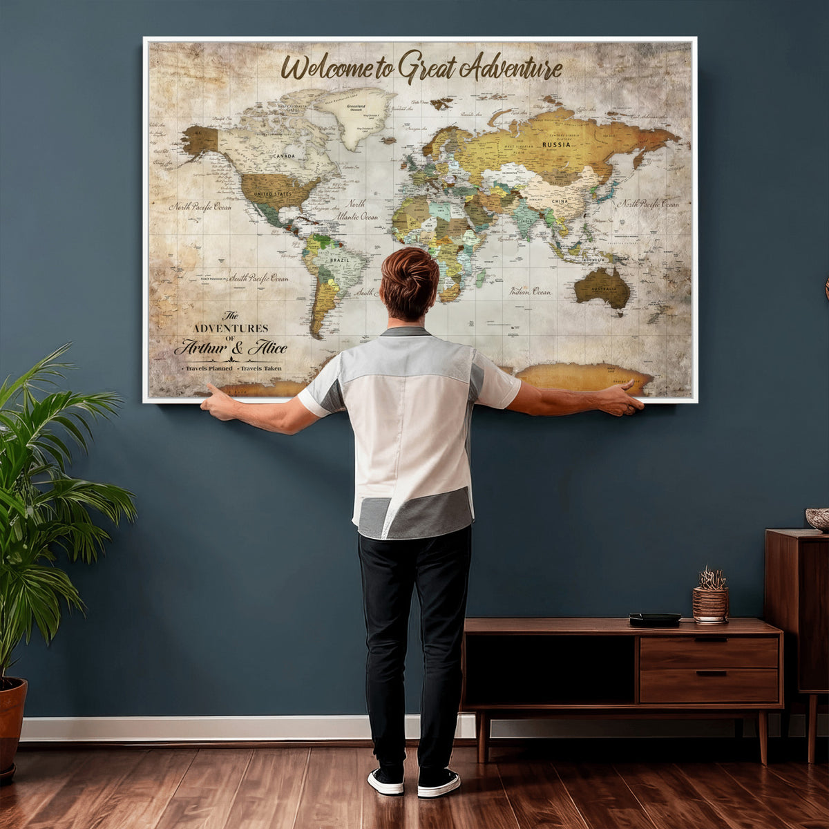 33043195-MGV-CV-36X24 - Personalized Beige World Travel Map Wall Art with Pins, Family Travel Tracker, Family Room and Study Decor