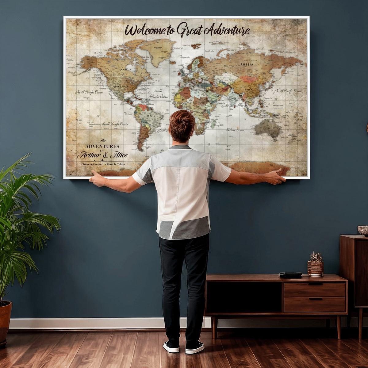 22906161-MGV-CV-36X24 - Personalized Beige Push Pin World Map Wall Art, Bucket List Map, Living Room and Family Room Decor