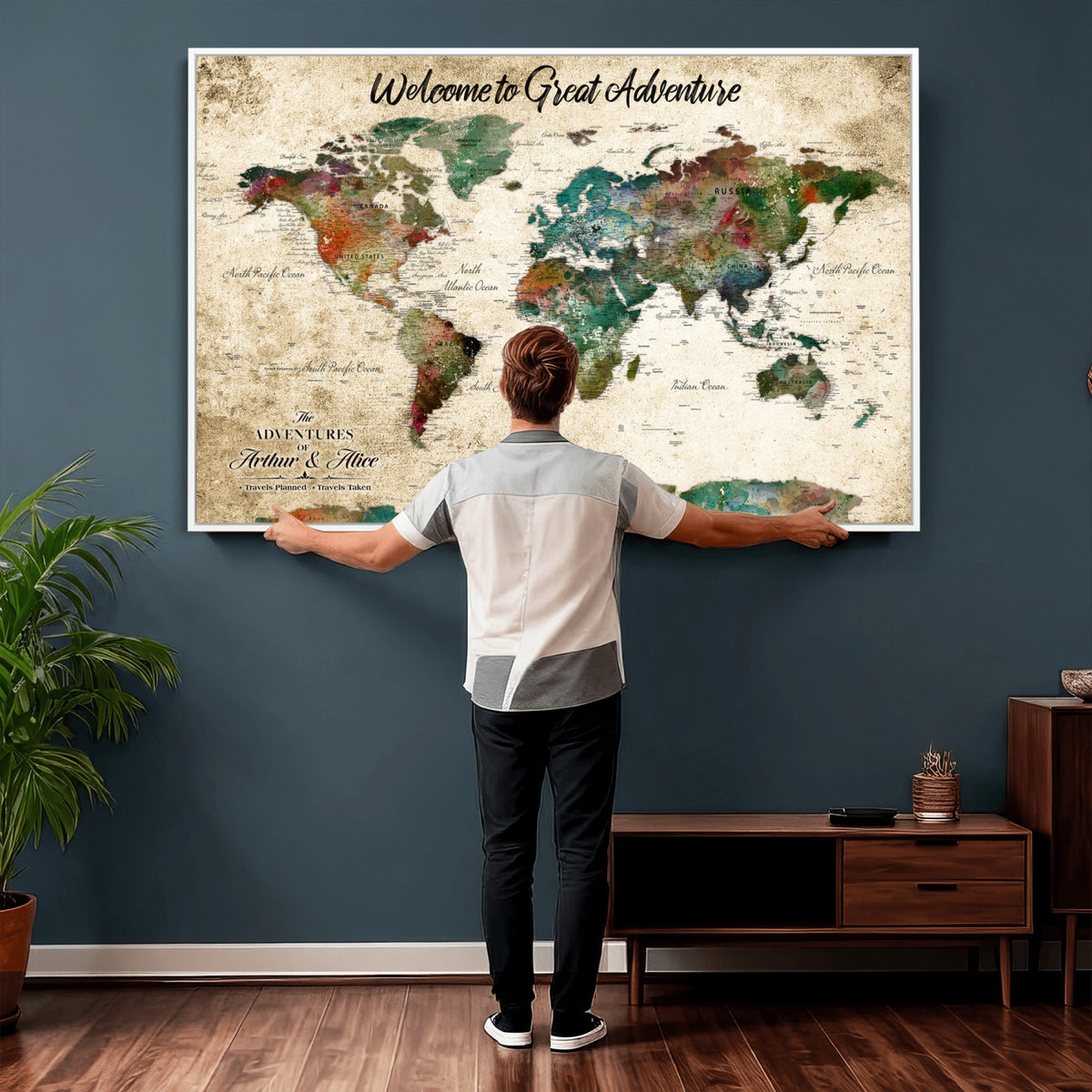 89225601-MGV-CV-36X24 - Personalized Beige Grunge World Map Canvas with Push Pins, Next Trip Planner Map, Family Room and Home Office Decor