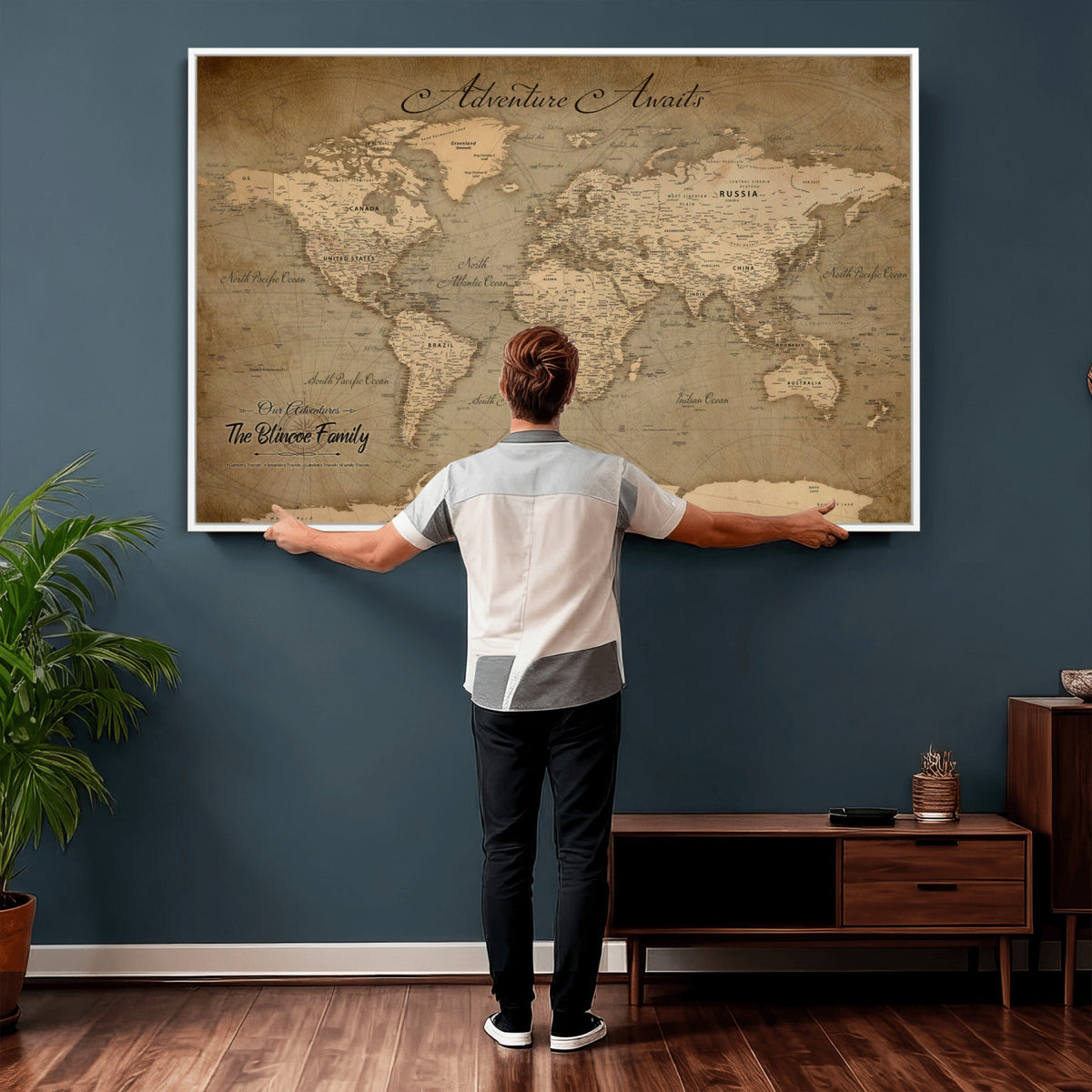 59418012-MGV-CV-36X24 - Personalized Framed Beige World Travel Map Wall Art with Pins, Family Travel Tracker, Family Room and Entryway Decor