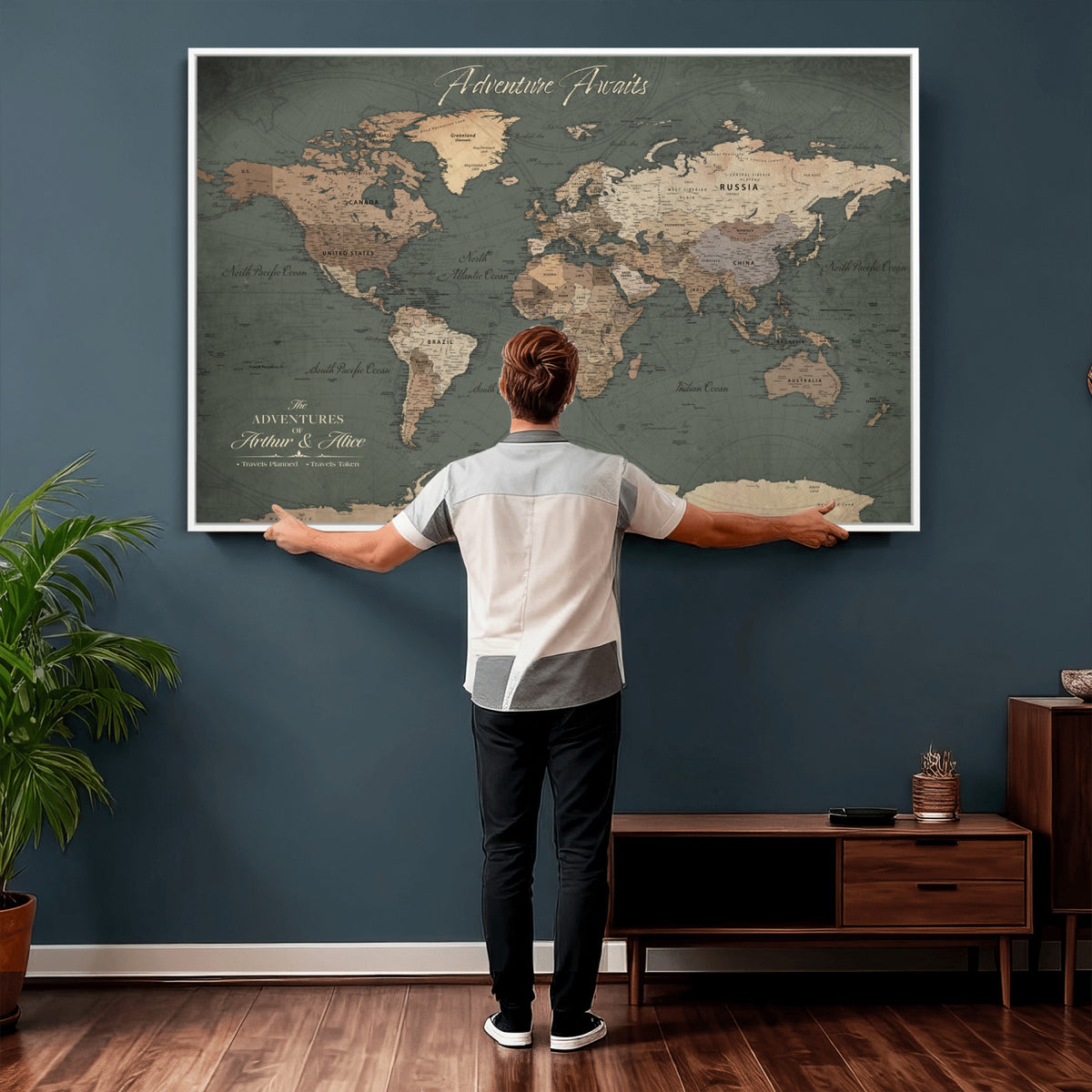24734446-MGV-CV-36X24 - Personalized Framed Beige Modern World Map Canvas with Push Pins, Bucket List Map, Family Room and Dining Room Decor
