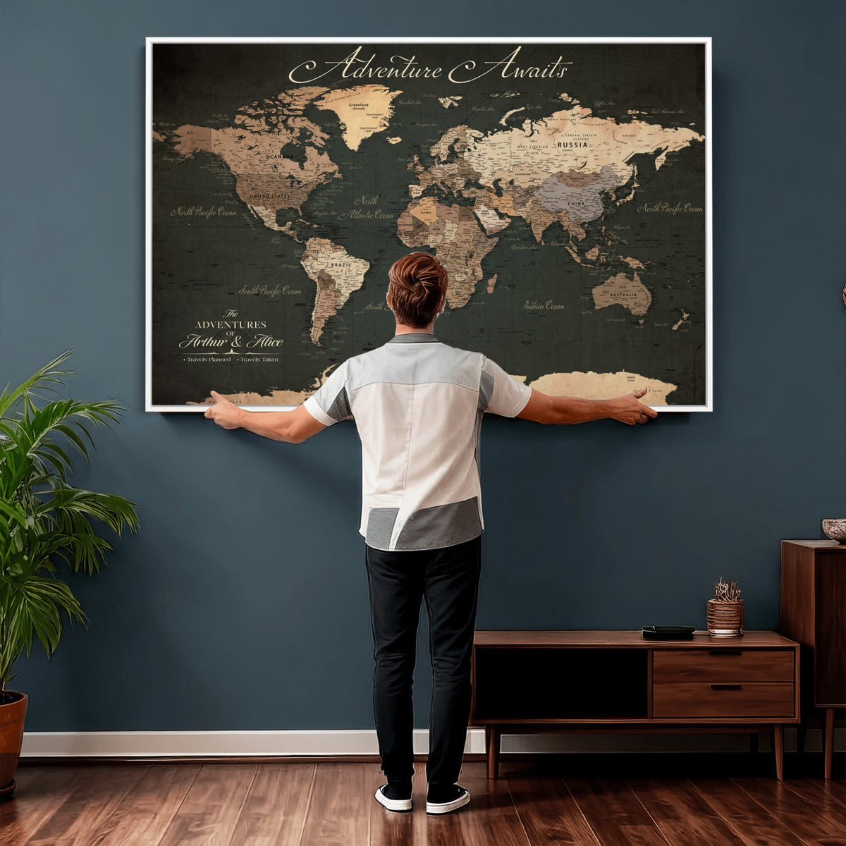 74987709-MGV-CV-36X24 - Custom Gray Modern Push Pin Travel Map Canvas Print, Next Trip Planner Map, Family Room and Bedroom Decor