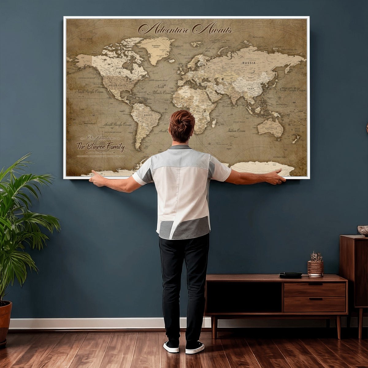 96775856-MGV-CV-36X24 - Custom Beige Modern Push Pin World Map Canvas Print, Family Travel Tracker, Dining Room and Home Office Decor